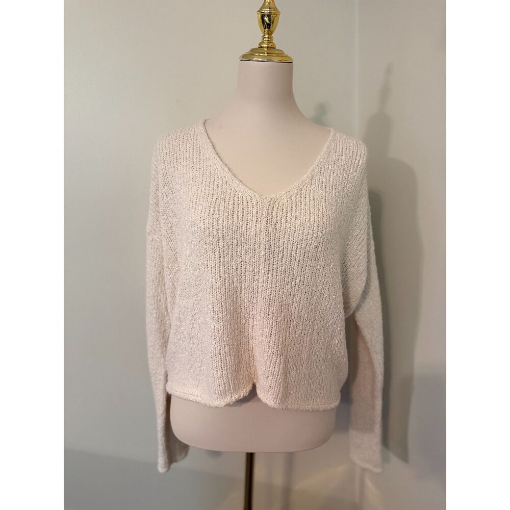 PacSun Cream V Neck Knit Sweater M Relaxed Split Hem Cotton Blend